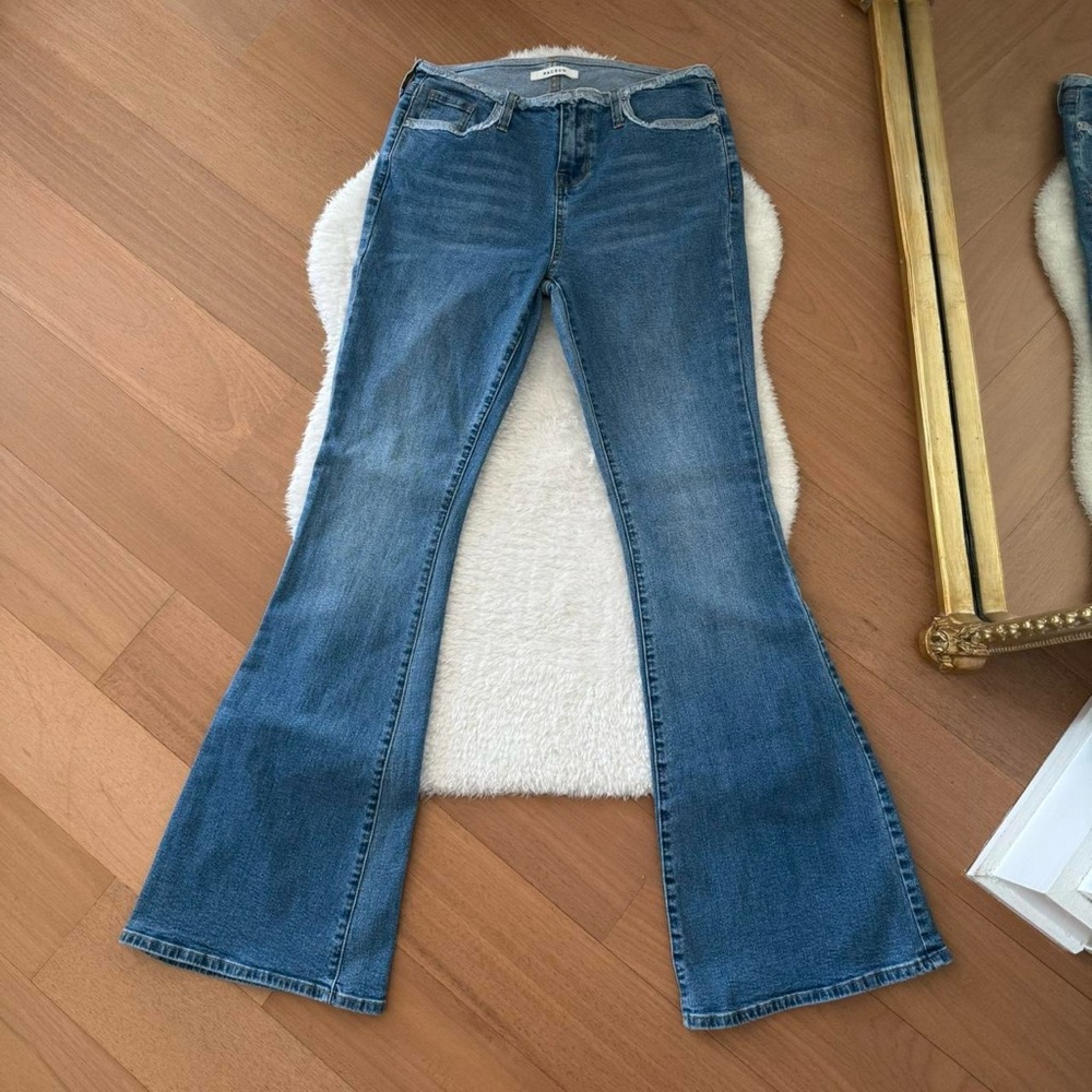 Low rise flare jeans with Y2K raw hem from Pacsun, size 27